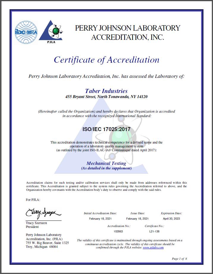 taber获得ISO 17025标准证书